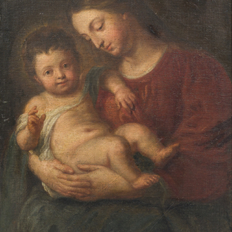 École flamande, suiveur de Pierre Paul Rubens (1577-1640): Vierge à l'Enfant, huile sur toile marouflée sur panneau, fin du 17ème siècle