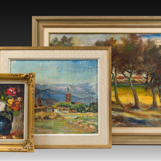 Albert Steel (1917-1984) et Georges Steel (1923-2010): Deux paysages et une nature morte aux fleurs, huile sur toile, années 70