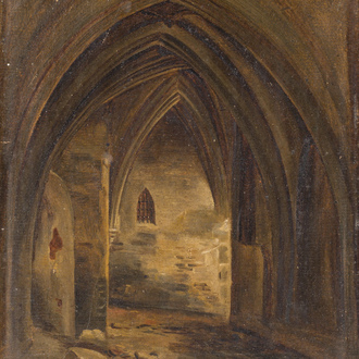 Ecole belge: 'L'entrepôt brûlé après le bombardement', huile sur papier, Anvers, daté 30 octobre 1830