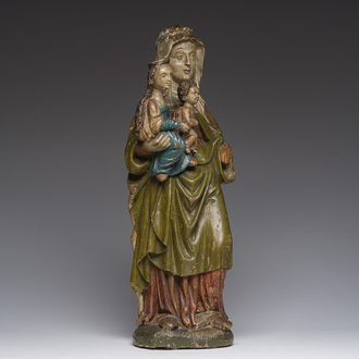 A carved and polychrome decorated wooden group of the Virgin and Child with Saint Anne, 16th/17th C.