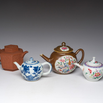 Four Chinese blue and white, famille rose and Yixing stoneware teapots, Kangxi/Qianlong