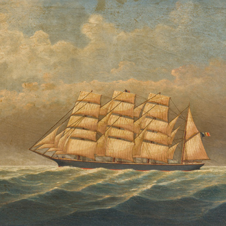 F. ou P. Stein (19ème siècle): Un quatre-mâts belge sur une mer calme, huile sur toile