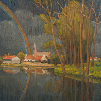 Evarist De Buck (1892-1974): Paysage de Lys à l'arc-en-ciel, huile sur toile