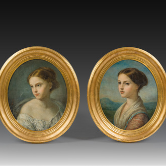 École allemande, signé, à la manière de Franz Xaver Winterthaler (1805-1873): Paire de portraits de dames, huile sur toile, 19ème siècle