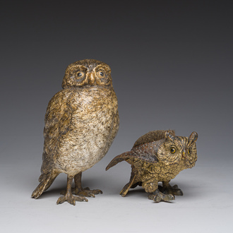 Franz Xaver Bergmann (1861-1936): Deux modèles de hibou en bronze polychrome peint à froid, Vienne, Autriche, 19ème/20ème siècle
