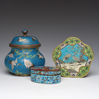 A Japanese cloisonné jar and cover, a box and cover and a tray with cranes and floral design, Meiji, 19th/20th C.