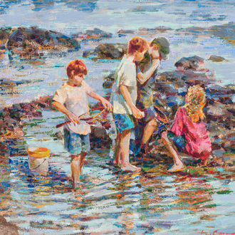 Lau Chun (1942): Les petits pêcheurs sur la plage, huile sur toile