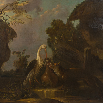 École flamande: La fable du renard et de la cigogne, huile sur toile, vers 1700