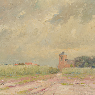 Herman Broeckaert (1878-1930): Paysage avec église, huile sur toile