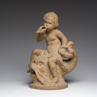 French school: Triton on a dolphin, patinated terracotta, 19th C.