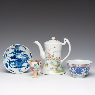 A Chinese famille rose teapot, a blue and white 'dragon' bowl, a Canton egg cup and a blue and white bowl, Yongzheng and later