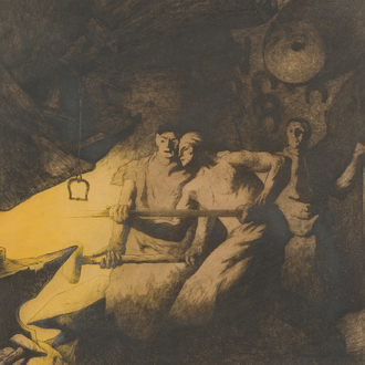 Maurice Langaskens (1884-1946): 'Les charrons', eau-forte, éd. 12/100