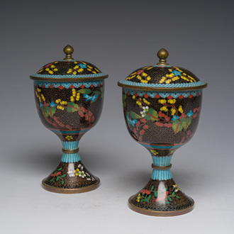 A pair of Chinese cloisonné covered bowls on foot, 19th C.