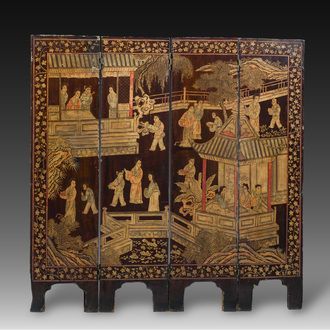 Paravent à quatre feuilles en laque de Coromandel avec une scène animée et des oiseaux parmi des branches fleuries, Chine, 19ème/20ème siècle