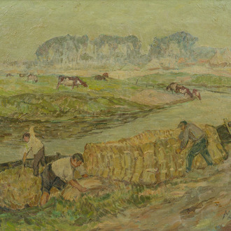 Modest Huys (1874-1932): 'De Leie 's morgends - La Lys le matin', huile sur toile