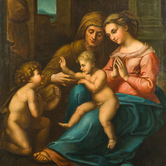 École française, suiveur de Raphaël (1483-1520): La Madone de l’amour divin, huile sur toile, 18ème siècle