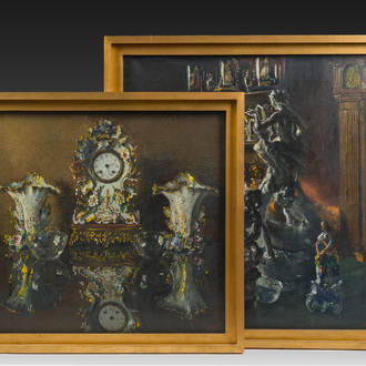 Léo Engels (1882-1952): 'Tegenlicht' et 'Het porseleinen klokje', huile sur toile, daté 1947 et 1949