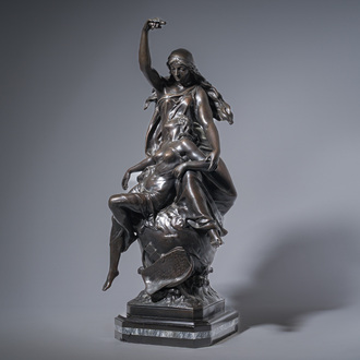 Emile Louis Picault (1833-1915): 'Maintenant sous le ciel tout repose Lamartine', alliage de bronze à patine brune sur socle en marbre, 20ème siècle