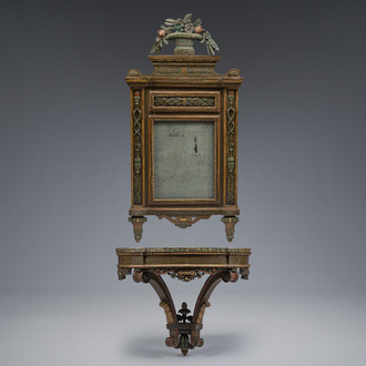 Console d'applique et son miroir Louis XVI en bois sculpté et polychrome, France, fin du 18ème siècle