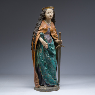 A large South German polychrome limewooden sculpture of Saint Catherine of Alexandria, ca. 1540