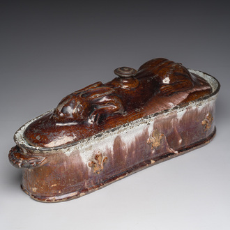 A brown-glazed pottery tureen for hare's pâté, west of France, 19th C.