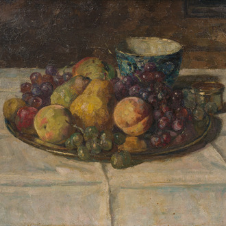 Félix Gogo (1872-1953): Nature morte avec fruits et vaisselle, huile sur toile