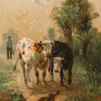 Henry Schouten (1860-1927): Un fermier avec deux vaches et un chien dans un paysage, huile sur toile