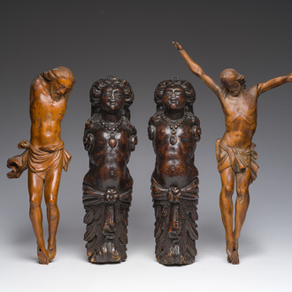 A pair of patinated wooden caryatids and two Corpi Christi, 17th C. and later