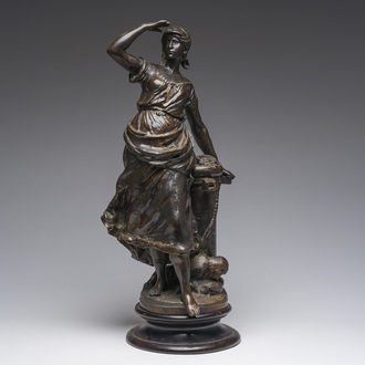 Auguste Moreau (1834-1917): Pêcheuse en garde, bronze à patine brune sur socle en bois