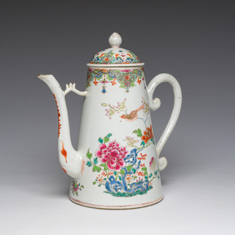 A Chinese famille rose ewer and cover with birds among blossoming branches, Qianlong