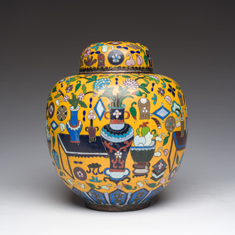 A Chinese cloisonné yellow-ground 'antiquities' jar and cover, 19th C.