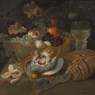 Ecole flamande: Nature morte aux raisins, au verre Roemer et à la bouteille en verre, huile sur toile, 17ème siècle