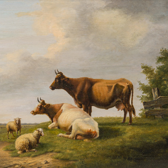 Eugène Verboeckhoven (1798-1881, à la manière de): Vaches et moutons au pré, huile sur panneau, 19ème siècle