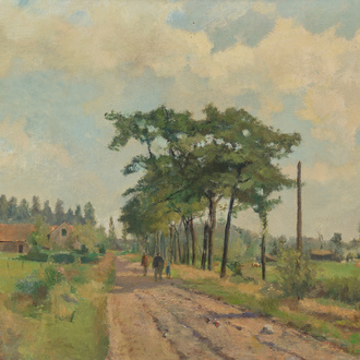 Corneel Lodewijk Pieter Van Gorp (1932-2008): Paysage avec promeneurs sur un chemin de campagne, huile sur toile, daté (19)65