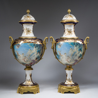 A pair of impressive large Sèvres style porcelain vases with gilt mounts, 20th C.