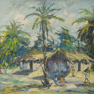 Isidore Tiba (1908-1954): Vue d'un village congolais, huile sur toile