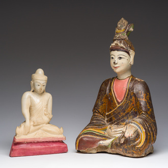 A Burmese white marble Buddha and a polychromed wood Buddha, 20th C.
