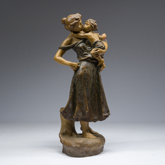 Luca Madrassi (1848-1919): Mother and child, polychrome decorated terracotta