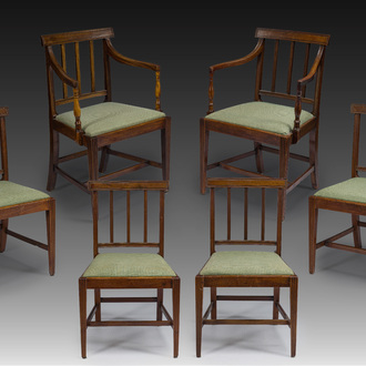 A set of six English mahogany chairs and two armchairs upholstered in green fabric, 19th C.