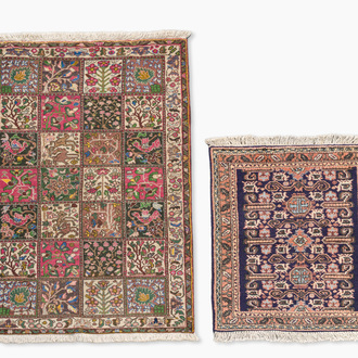 Deux tapis orientaux de type Bakhtiar et Ardebil à décor floral, laine sur coton, 20ème siècle