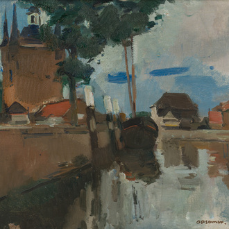 Isidore Opsomer (1878-1967): Vue d'un canal avec une rangée de maisons, huile sur toile