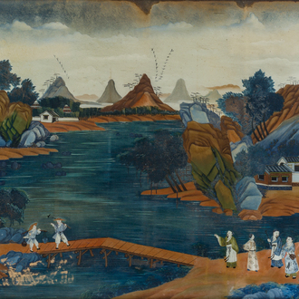 Chinese school: figures by the lake in an animated mountain landscape, reverse glass painting, 19th/20th C.