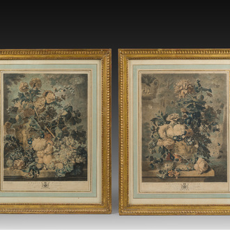 Richard Earlom (1743-1822) d'après Jan van Huysum (1682-1749): Paire de natures mortes aux fleurs, manière noire en couleurs, daté 1778