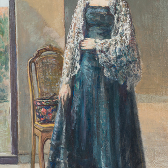 Ecole belge: Portrait d'une dame dans un intérieur, huile sur board