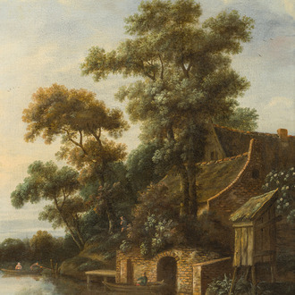 Cornelis Gerritsz. Decker (1615-1678, attribué à): Paysage fluvial animé avec une ferme sur la rive, huile sur toile, 17ème siècle