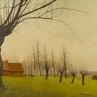 Emiel De Cooman (1922) : Paysage avec fermes, huile sur toile, daté 1965