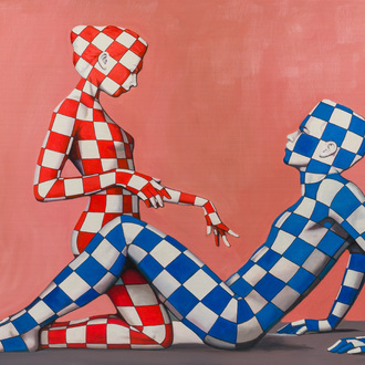 Ian Gage (1946): L'amour en bleu, rouge et blanc, huile sur toile