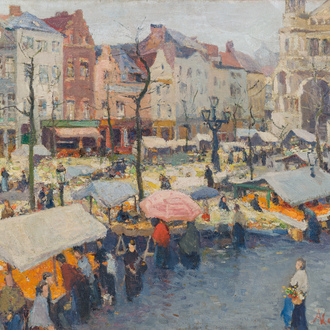 Adolphe Keller (1880-1968): Marché sur la place Sainte-Catherine, huile sur toile