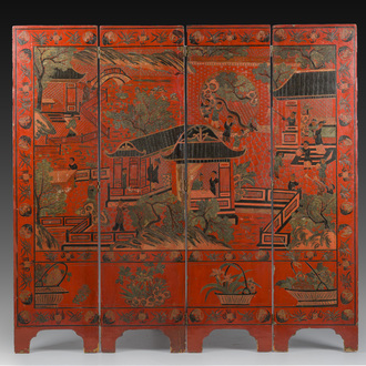 Paravent à 4 panneaux en laque polychrome, Chine, 19ème/20ème siècle