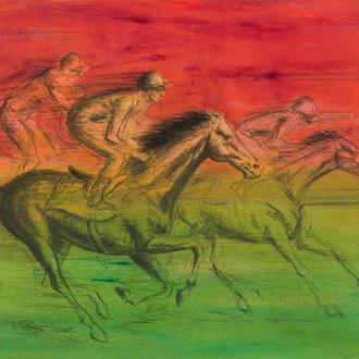 Roland Devolder (1938): Les jockeys, eau-forte rehaussée d'aquarelle sur papier